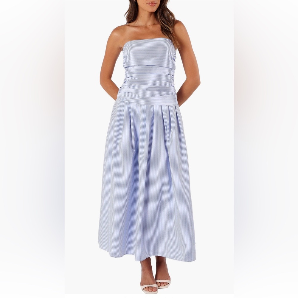 PETAL & PUP — AVALEE STRAPLESS MAXI DRESS - BLUE STRIPE